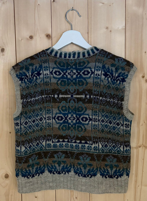 Billedvevs vest i blå toner